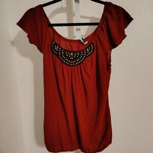 Wrapper Junior's Top Size XL Polyester Spandex Elastic Blouse Embellished Neck